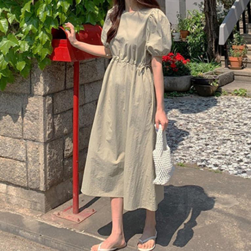 LED-250167  여성 편안한 핏 퍼프소매 롱 원피스 
